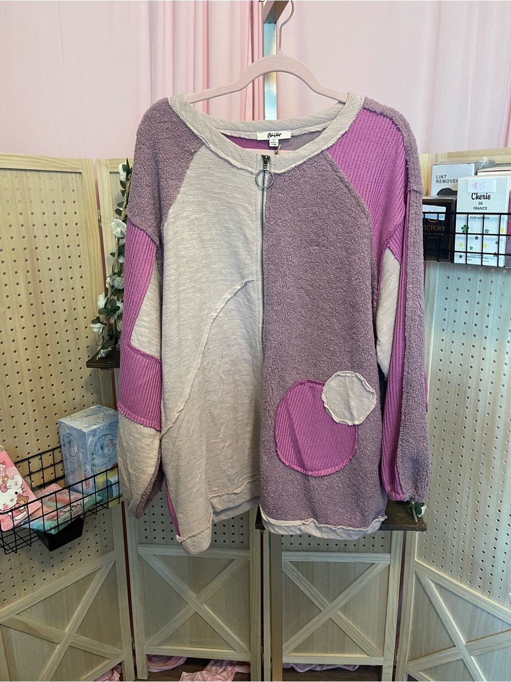 Patchwork Zip-Front Cardigan Sweater in Lavender and Cream